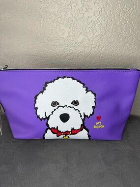 Marc Tetro Bichon Dog Cosmetic Pouch NWT Purple Dog Lover Makeup Bag